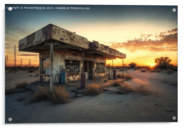 An old abandoned petrol station on a road in the desert created  Acrylic by Michael Piepgras