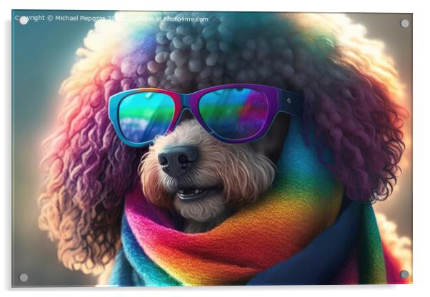 A cute poodle with a scarf in rule sheet colours and sunglasses  Acrylic by Michael Piepgras