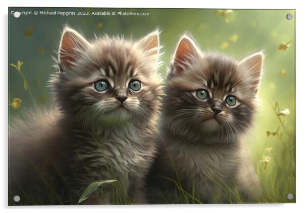 Two very cute kittens playing in the green grass in the sunshine Acrylic by Michael Piepgras