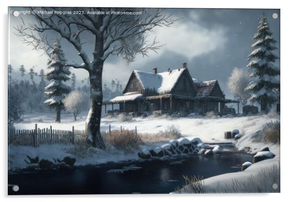 A beautiful winter landscape at Christmas with a small cosy hut  Acrylic by Michael Piepgras