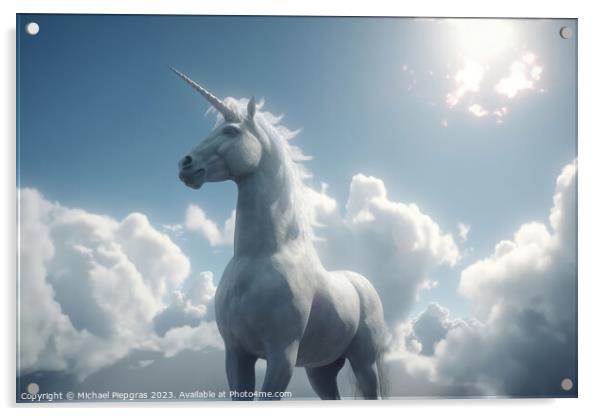 A unicorn in the sky created with generative AI technology. Acrylic by Michael Piepgras