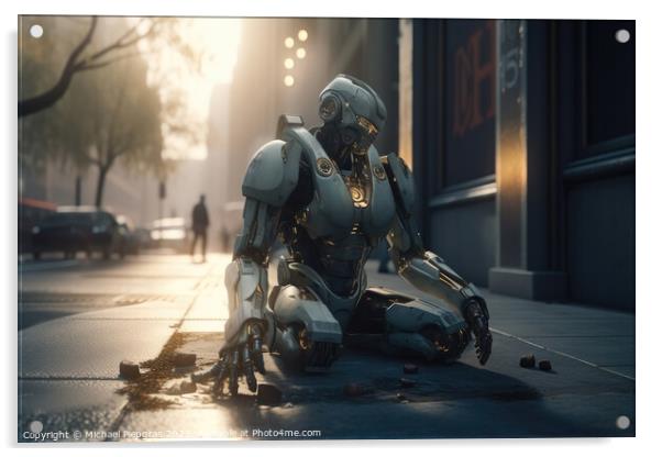 A homeless AI robot sitting on a street corner begging for a few Acrylic by Michael Piepgras