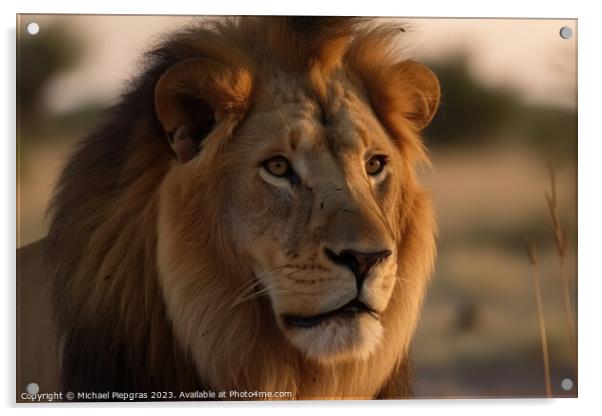 Portrait of a strong male lion with the African savanna in the b Acrylic by Michael Piepgras