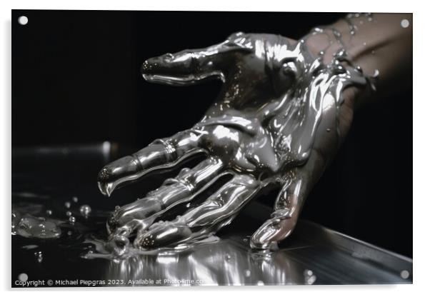 Male human hand made of liquid metal created with generative AI  Acrylic by Michael Piepgras