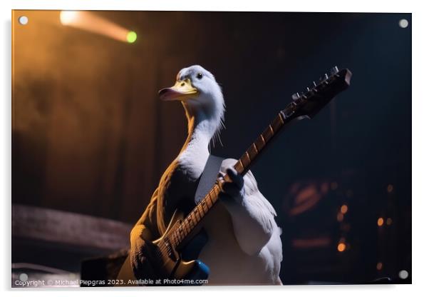 A duck plays rock music on an electric guitar with its wing on a Acrylic by Michael Piepgras