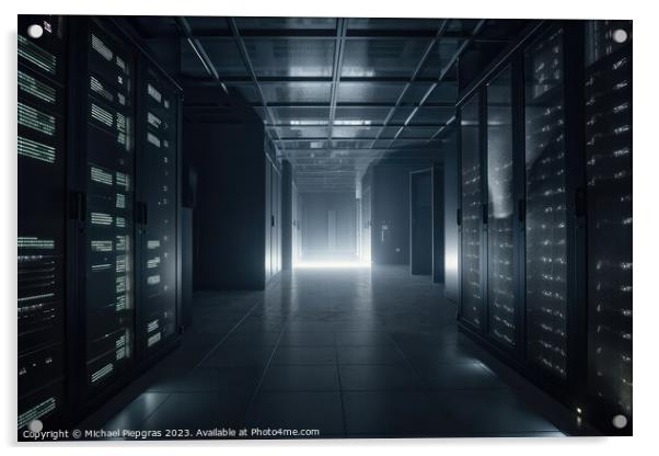 A large data centre with many computer racks in dark light with  Acrylic by Michael Piepgras