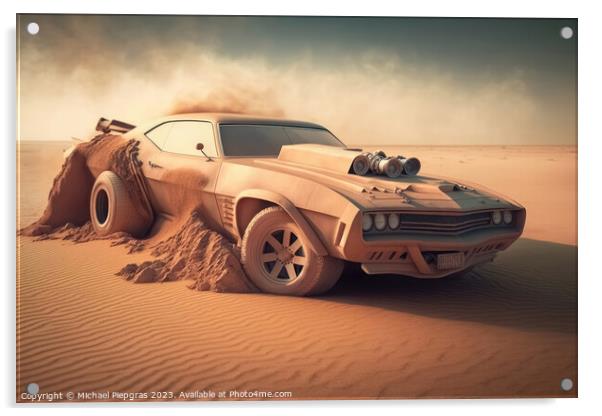 A fast muscle car churns up sand in a desert created with genera Acrylic by Michael Piepgras