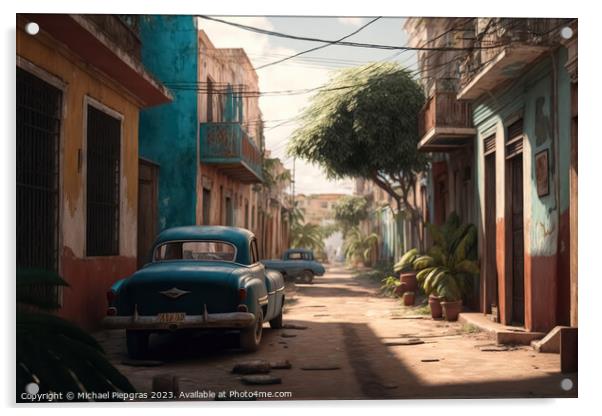 A Street in a town in a cubanic look with a lot of old rusty car Acrylic by Michael Piepgras