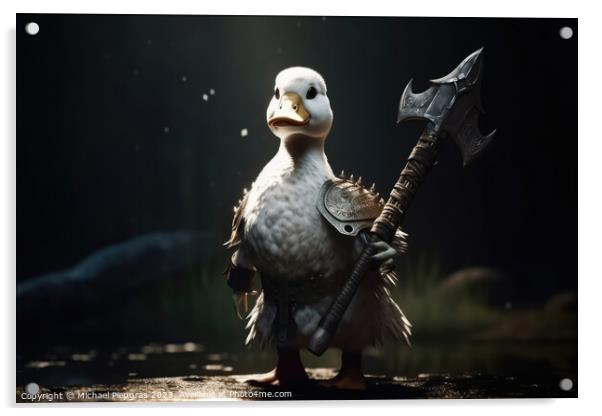 A white duck as a barbarian with a big axe and shining armour cr Acrylic by Michael Piepgras