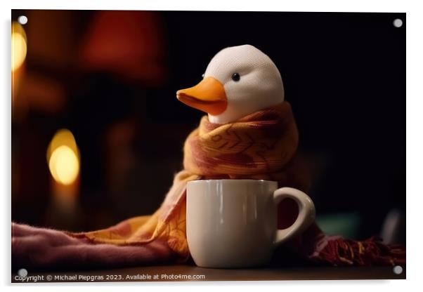 A white duck wearing a scarf and having a coffee created with ge Acrylic by Michael Piepgras