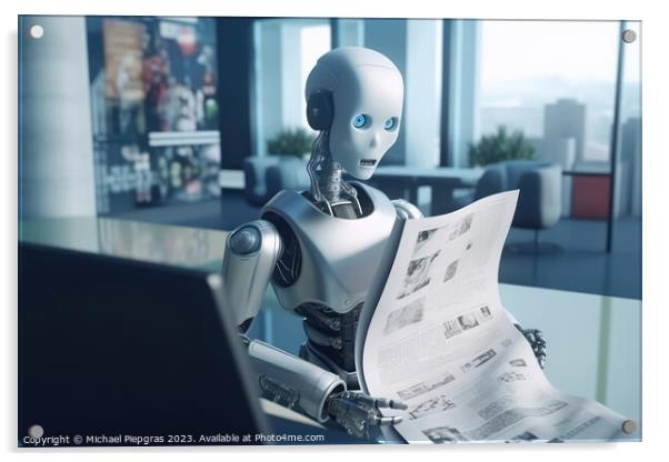 AI Robot reading a newspaper in an office created with generativ Acrylic by Michael Piepgras