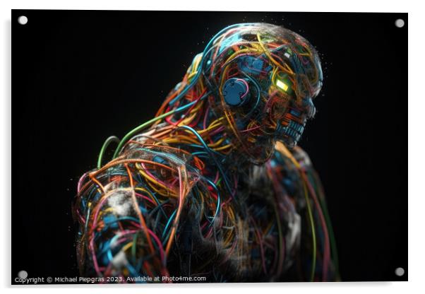 An AI robot almost completely wrapped in brightly coloured fibre Acrylic by Michael Piepgras