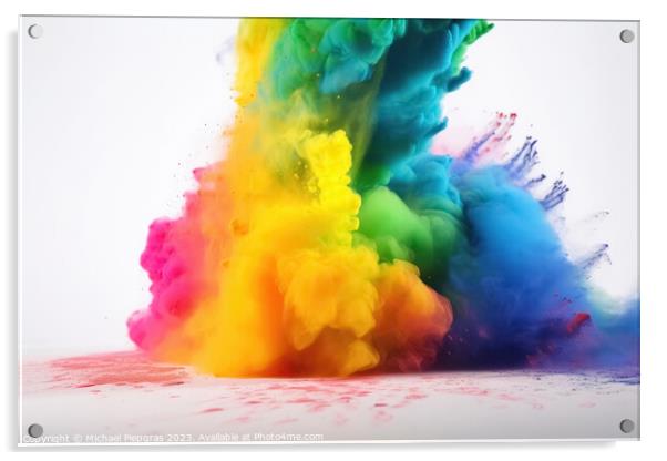 Exploding colour powder in rainbow colours on a white background Acrylic by Michael Piepgras