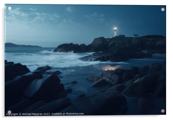 Long exposure of a rocky coast with a lighthouse on it created with generative AI technology Acrylic by Michael Piepgras