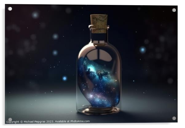 The universe in a glass bottle created with generative AI techno Acrylic by Michael Piepgras