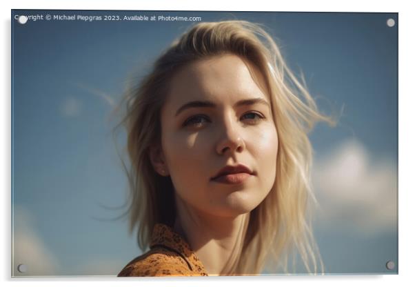 A beautiful portrait of a blonde young woman with a sunny sky ba Acrylic by Michael Piepgras