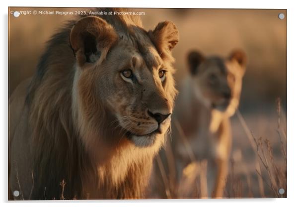 A male lion and a female lion in the background created with gen Acrylic by Michael Piepgras