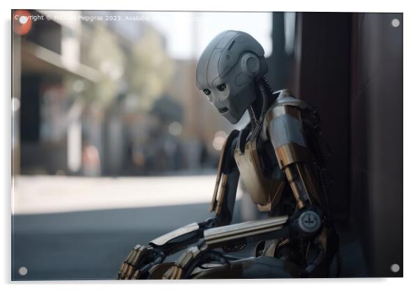 A homeless AI robot sitting on a street corner begging for a few Acrylic by Michael Piepgras