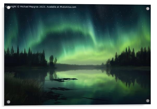 Auroras in green colour and stars over a lake with reflections o Acrylic by Michael Piepgras