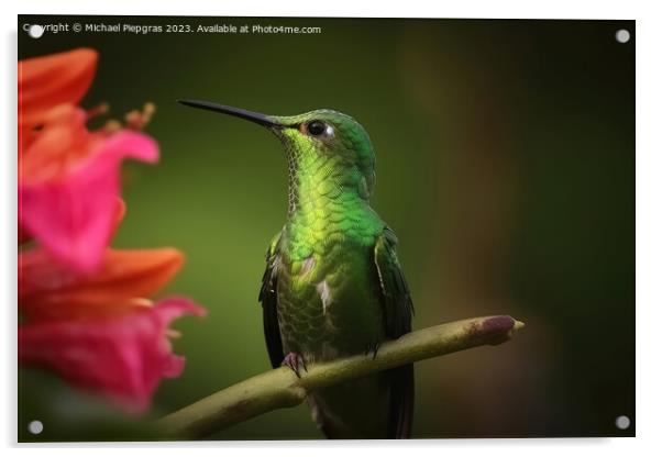 Portrait of a Green Hummingbird on a Flower created with generat Acrylic by Michael Piepgras