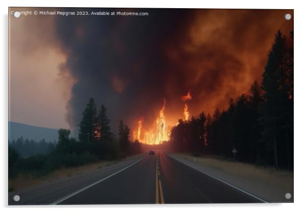 A devastating forest fire as seen from the road created with gen Acrylic by Michael Piepgras