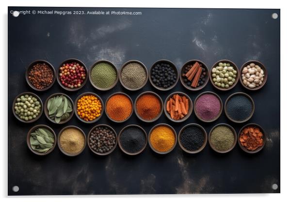 View from above of numerous spices in small bowls on a dark slat Acrylic by Michael Piepgras