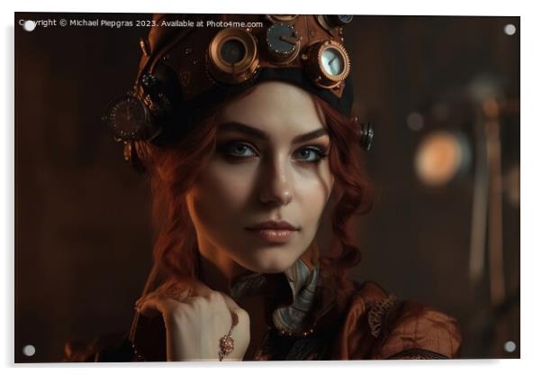 A beautiful portrait of a young woman in a steampunk outfit crea Acrylic by Michael Piepgras