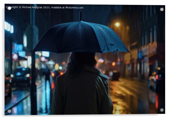 A young woman with an umbrella seen from behind walks in a moder Acrylic by Michael Piepgras