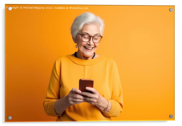 A happy retired old woman holding a smartphone in her hands crea Acrylic by Michael Piepgras