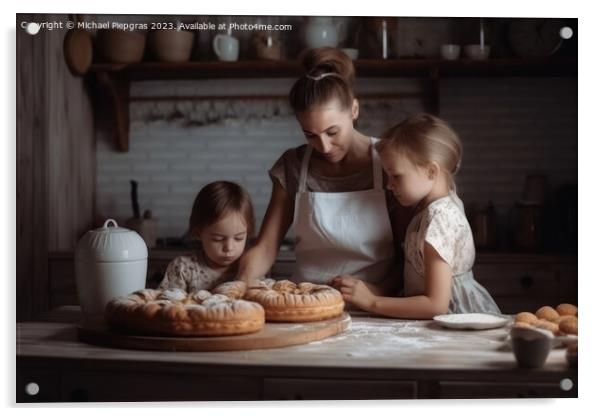A mother baking with children in bright kitchen created with gen Acrylic by Michael Piepgras
