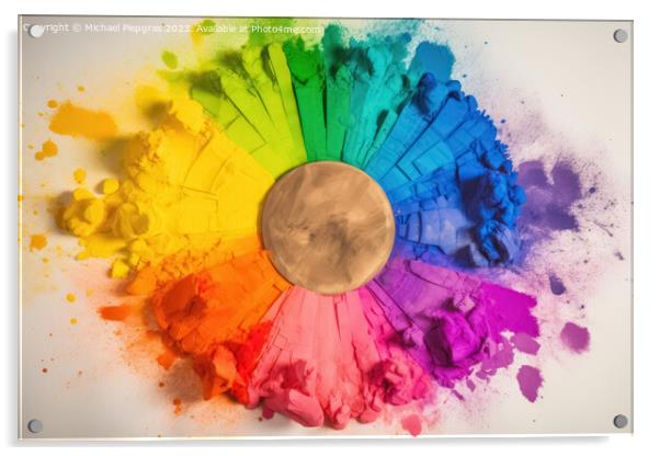 A color Wheel with goethe colors exploding in colorful powder on Acrylic by Michael Piepgras