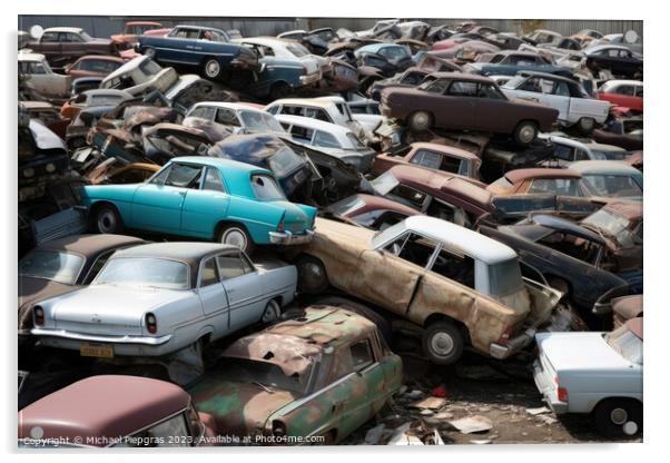 A pile of cars created with generative AI technology. Acrylic by Michael Piepgras