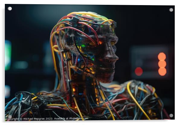 An AI robot almost completely wrapped in brightly coloured fibre Acrylic by Michael Piepgras