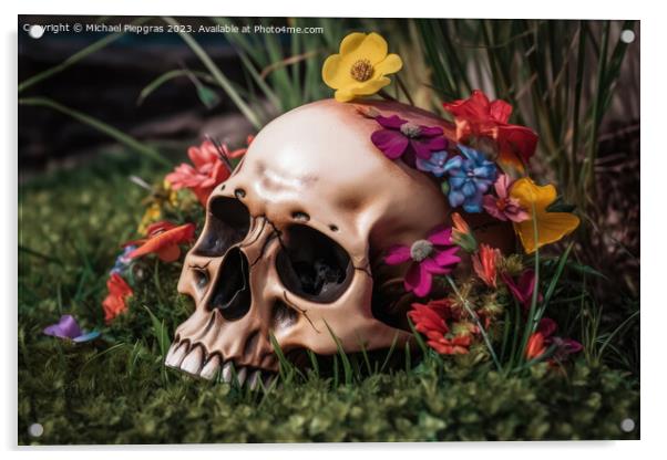 Colorful flowers growing out of a skull some grass on the ground Acrylic by Michael Piepgras