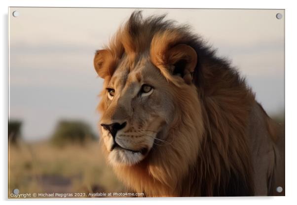 Portrait of a strong male lion with the African savanna in the b Acrylic by Michael Piepgras
