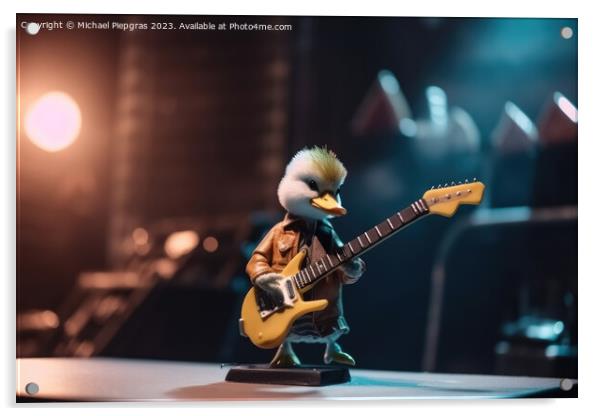 A duck plays rock music on an electric guitar with its wing on a Acrylic by Michael Piepgras