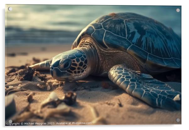 A large turtle drags itself onto a beach created with generative Acrylic by Michael Piepgras