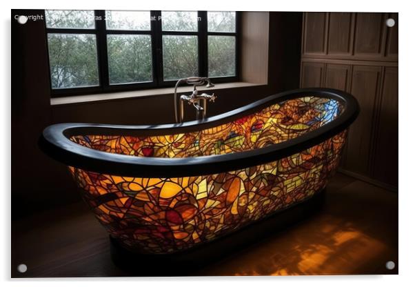 A stained glass bathtub created with generative AI technology. Acrylic by Michael Piepgras