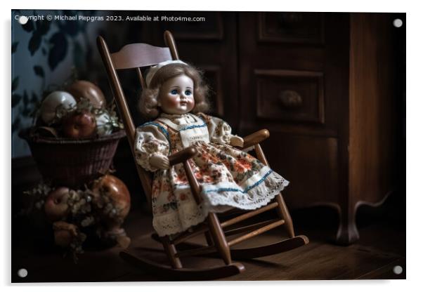A beautiful vintage porcelain doll sitting on a rocking chair cr Acrylic by Michael Piepgras
