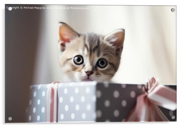 A cute kitten looking out of a present box created with generati Acrylic by Michael Piepgras