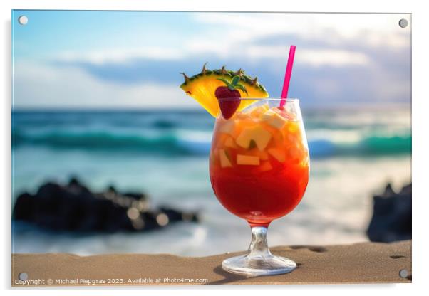 A fruity cocktail with a beautiful paradise beach soft backgroun Acrylic by Michael Piepgras