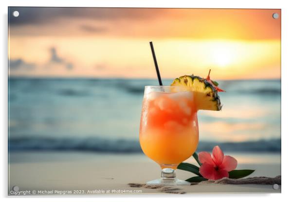 A fruity cocktail with a beautiful paradise beach soft backgroun Acrylic by Michael Piepgras