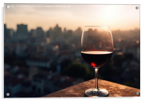 A glass of red wine with a sunny city soft focus background crea Acrylic by Michael Piepgras