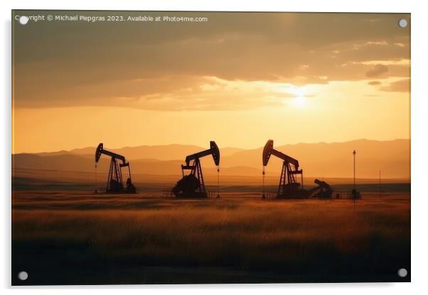 A field of oil wells pumping oil out of the ground created with  Acrylic by Michael Piepgras