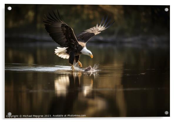 An eagle in flight catching fish from a lake created with genera Acrylic by Michael Piepgras
