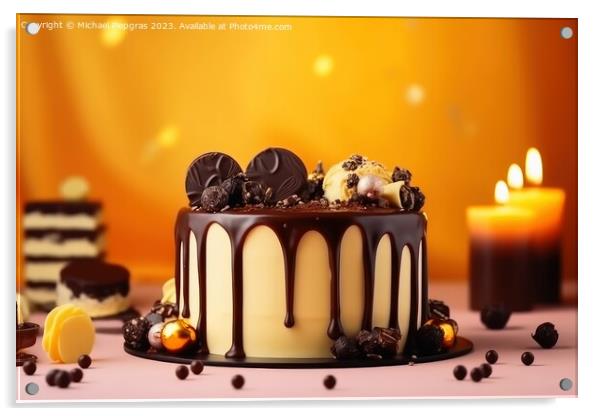 Birthday cake with pouring chocolate on a yellow background crea Acrylic by Michael Piepgras