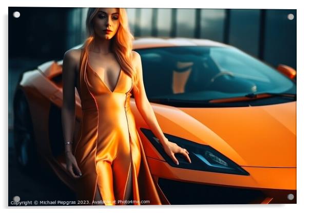 A sexy woman in an elegant dress standing next to a sports car c Acrylic by Michael Piepgras