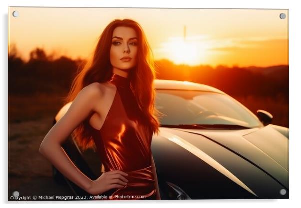 A sexy woman in an elegant dress standing next to a sports car c Acrylic by Michael Piepgras