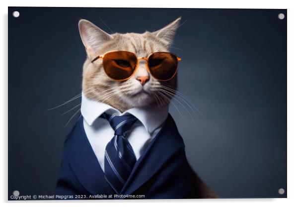 A modern cat wearing a business suit and sunglasses created with Acrylic by Michael Piepgras