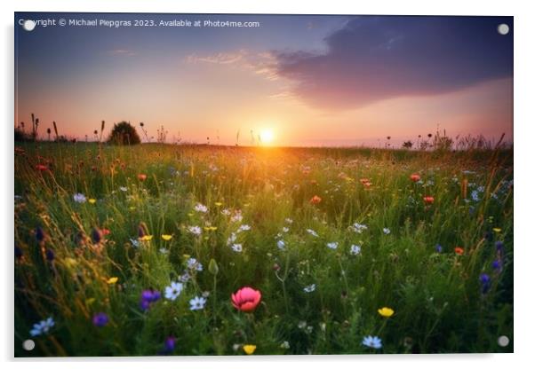 Beautiful meadow with lots of flowers during sunset created with Acrylic by Michael Piepgras